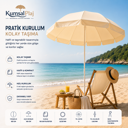 KumsalPlaj™ Premium Krem Plaj Şemsiyesi 180 cm
